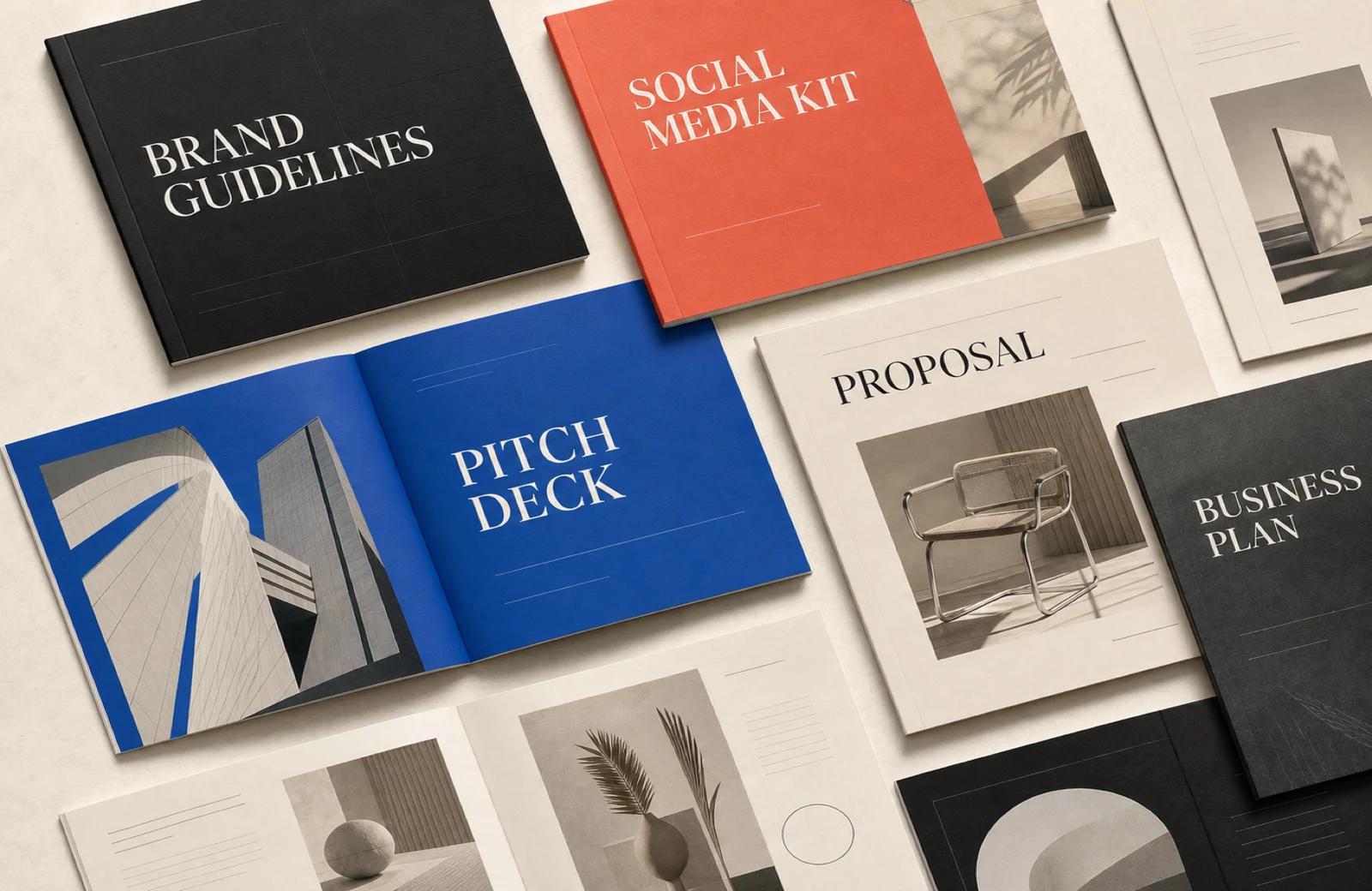 Разложенные печатные материалы: бренд-гайд, social kit, презентация и деловые документы